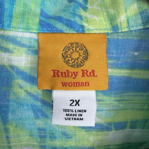 Ruby Rd top 2x blue green linen button plus size relaxed summer beachy cruise - Picture 2 of 4